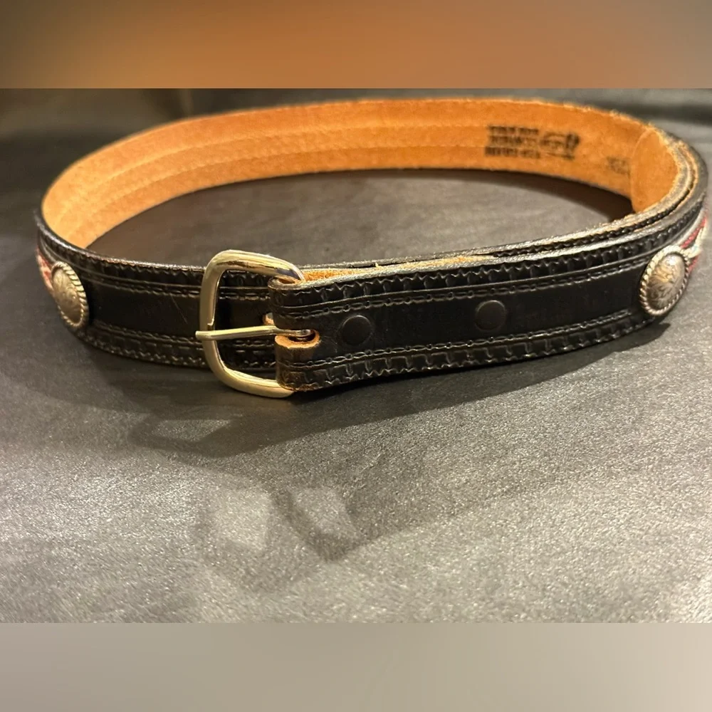 Southwestern Justin Top Grain Leather Woven Tribal Fabric Inlay Size Small Belt